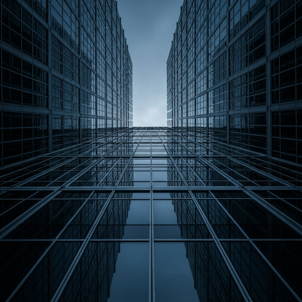 Looking up at glass skyscrapers converging toward the sky